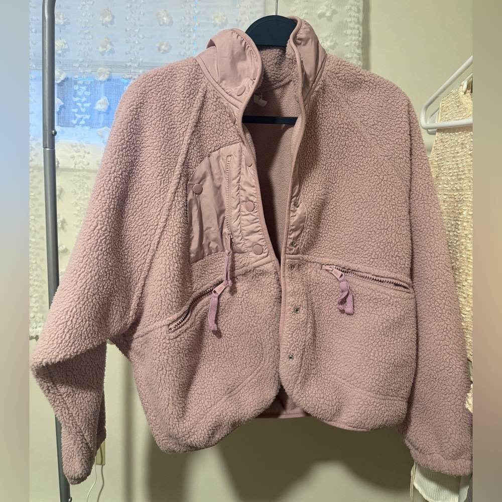 Free People FP Movement Teddy Fleece Jacket Pink Cropped Snap Front Small